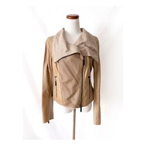 Beige Leather Jacket with oversized Linen Collar Large